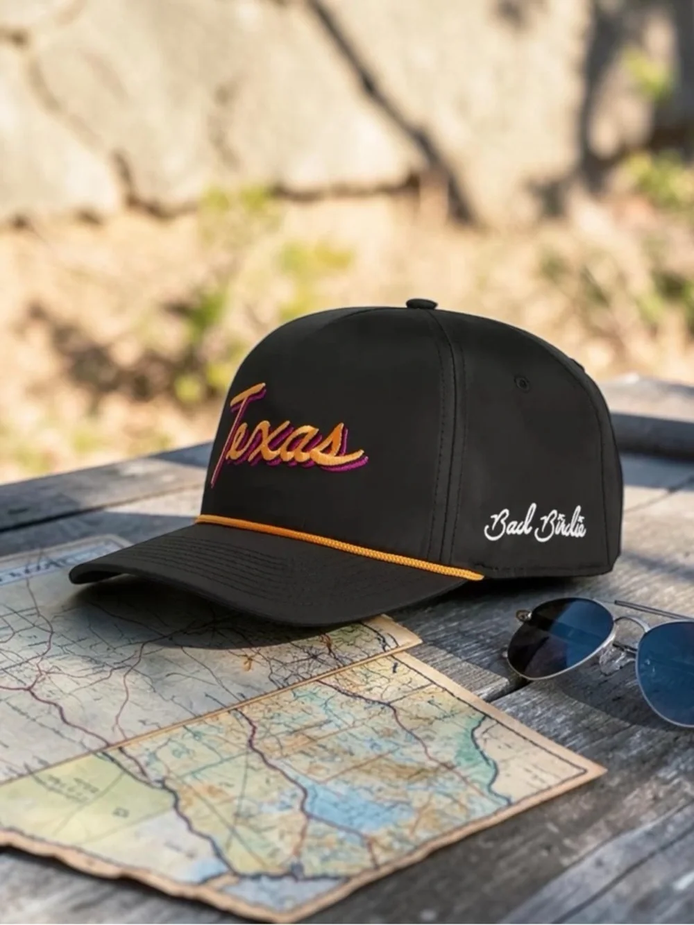 Bad Birdie State Rope Golf Hat Texas Script Black Gold Pink